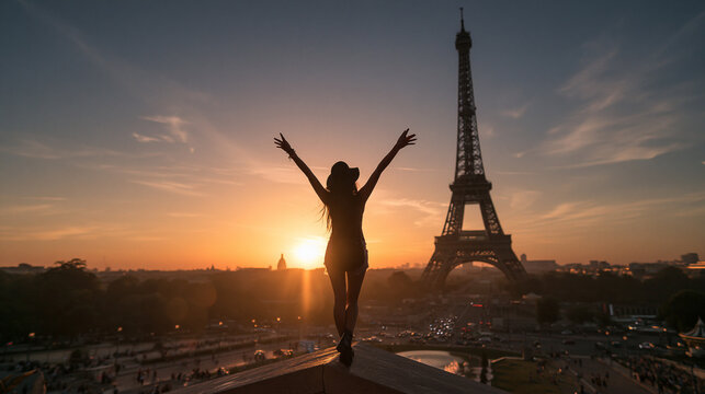Silhouette of Joyful Woman Overlooking Eiffel Tower at Sunset