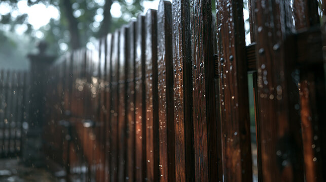 Wet Wooden Fence in Rain with Raindrops and Warm Light