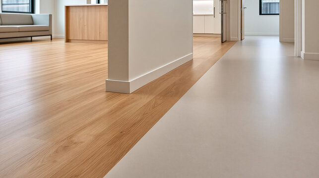 Modern Interior Floor Transition Between Wood and Concrete