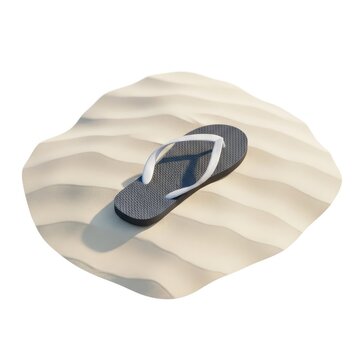 Single black flip flop on white beach sand isolated on white background
