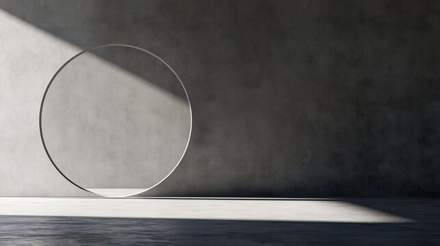Minimalist Concrete Wall with Circular Portal and Sunlight Shadows