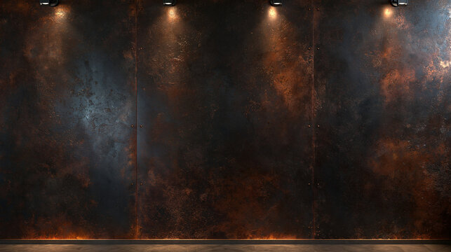 Dark Rusty Metal Wall with Spotlights Industrial Background