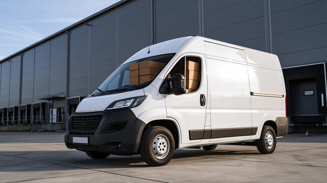 White Delivery Van Loaded with Boxes Outside Modern Warehouse