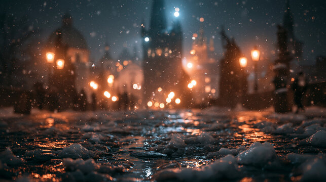 Snowy Cobblestone Street in Historic City at Night