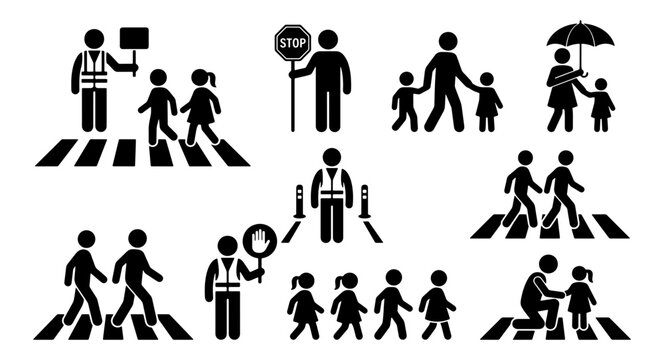 Set of black stick figure icons showing children crossing the street with crossing guards and safety signs