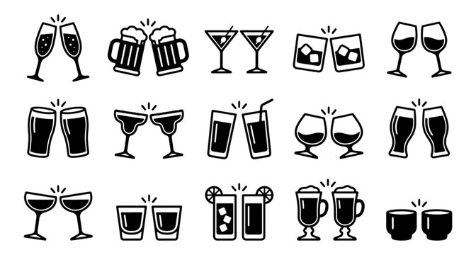 Set of black and white drink glass icons showing various alcoholic beverages and toasting cheers gestures