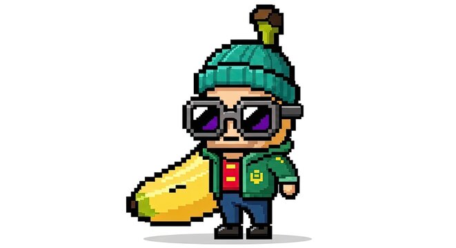 Pixel art character wearing sunglasses and beanie holding a giant banana