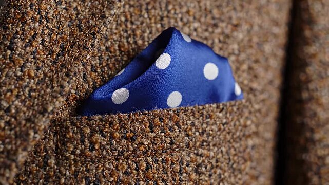 Blue polka dot pocket square in brown suit jacket.