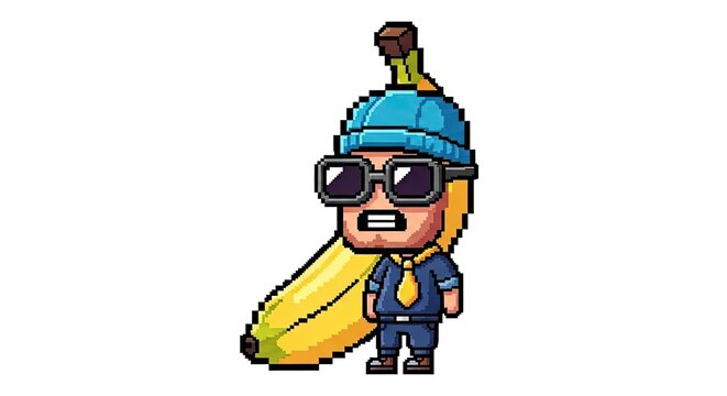 Cool Pixel Art Character with Sunglasses and Blue Beanie Posing with a Large Banana