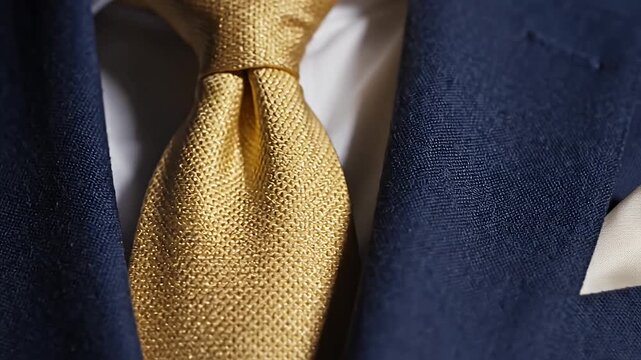 Close-up of blue blazer and gold textured tie.