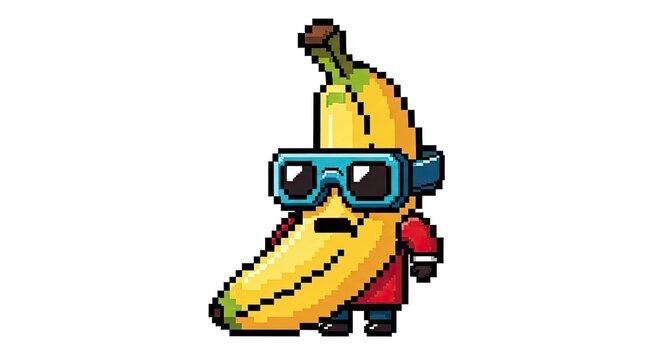 Cool pixel art banana character wearing sunglasses and a red jacket