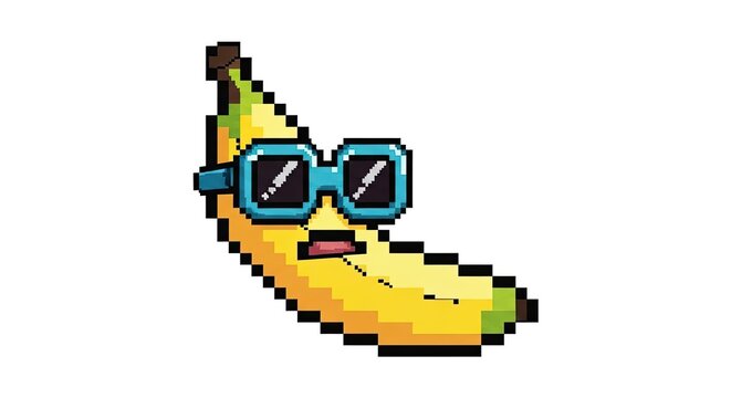 Cool pixel art banana character wearing blue sunglasses on white background