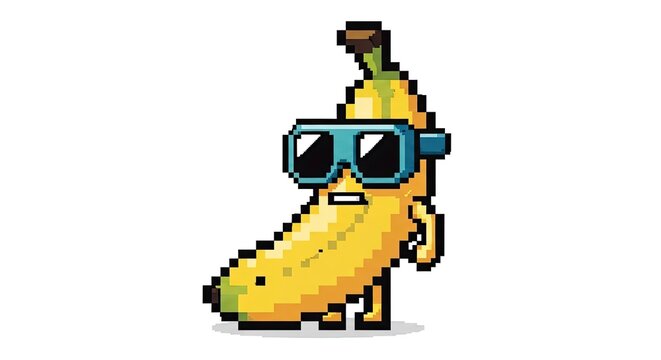 Cool banana character with sunglasses in retro pixel art style isolated on white background