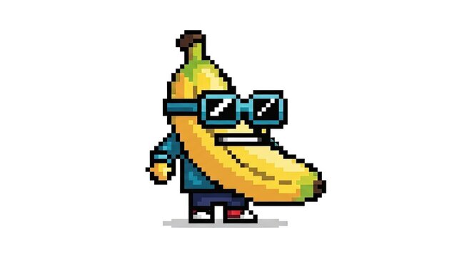 Cool pixel art banana character wearing sunglasses and stylish clothing on white background