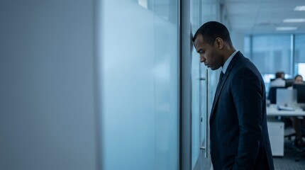 Fototapeta premium Stressed businessman leaning his head against a glass wall in a modern office environment.