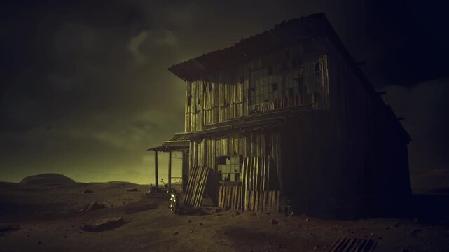 Solitary relic shack under moonlike glow, collapsed rail and broken siding, textured foreground footprints, heavy atmosphere of drift and slow erosion
