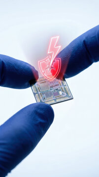 Semiconductor chip under gloved hand with ai hacking shield and lightning concept for cyber defense
