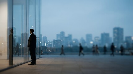 Plakat Businessman standing alone looking at the city skyline from a modern glass building office terrace.
