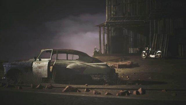 Front bumper and grille corroded under night sky with foggy atmosphere, low light emphasizes textures and shadows for cinematic noir mood suited to posters