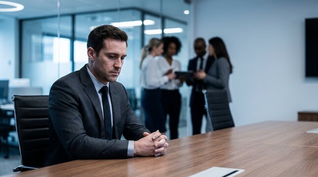 Stressed businessman sitting alone at a conference table in a modern office.
