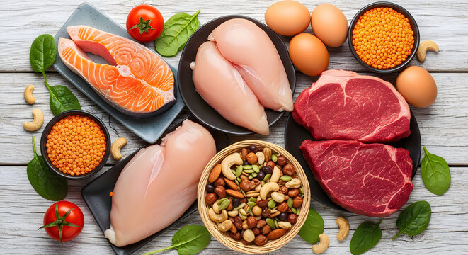 Assortment of fresh raw protein sources including chicken breast salmon steak beef meat and eggs on wooden background