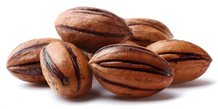 Several whole pecans with brown striped shells are arranged together on a white surface.