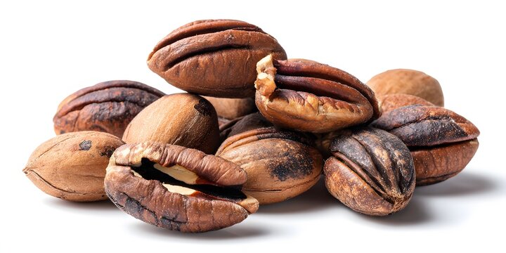 Scattered pecan nuts display various textures and shades on white surface.