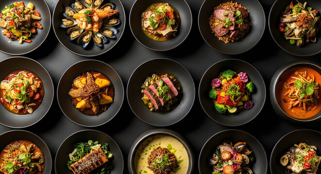 Top view of various small bowls filled with diverse gourmet food dishes arranged on a dark background
