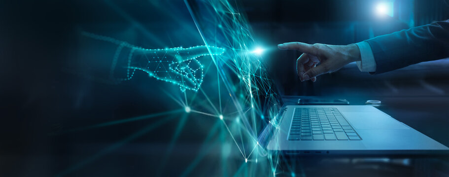 Abstract, Big data network and AI technology, Deep learning and algorithm, Using artificial intelligence technology or AI comes into use in business, The world at your fingertips.