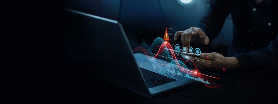 Graph data and stock market trading, Businessman Analysis data investment, Risk alerts and crisis financial volatility and warning signs economic downturn.