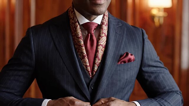 Man adjusting navy pinstripe suit with red tie.
