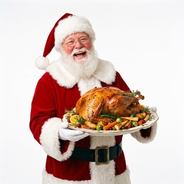 Happy Laughing Santa Claus Holding Festive Roasted Turkey Platter on White
