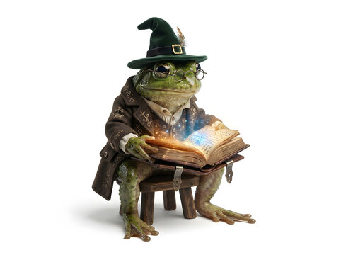 Whimsical green frog in witch hat reading glowing magical spellbook on wooden stump