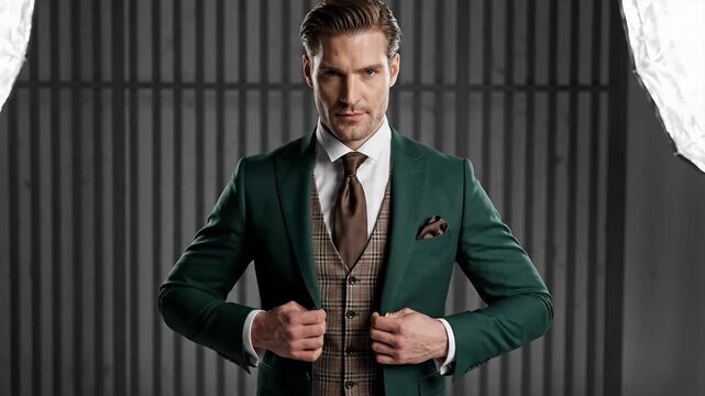 Man in green three-piece suit adjusting his waistcoat.
