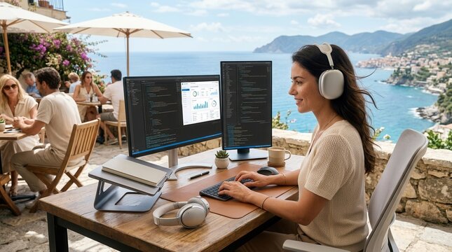 Digital Nomad Woman Coding on Laptop with Dual Monitors in Scenic Coastal Cafe with Ocean View