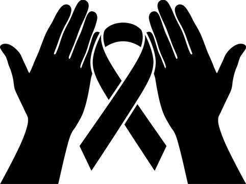 Human palms surrounding awareness ribbon isolated on white background minimalist vector graphic illustration