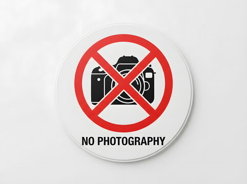 No photography sign with crossed camera icon on white circular background for restriction rules