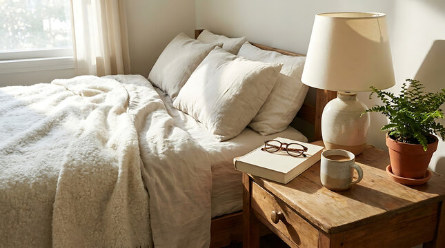Cozy Bedroom with White Bedding, Wooden Nightstand & Potted Plant for Relaxing Atmosphere
