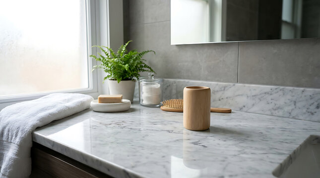 Luxury Modern Bathroom with White Marble Countertop & Natural Decor Elements