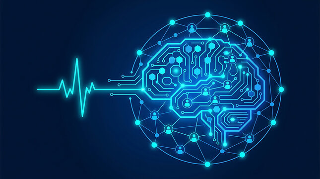 Futuristic Brain Circuit with Heartbeat Signal: AI & Human Cognition Fusion in Dark Tech Design