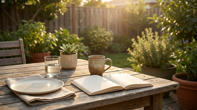 Cozy Sunlit Garden Scene: Rustic Wooden Table with Open Book, Mug & Succulent