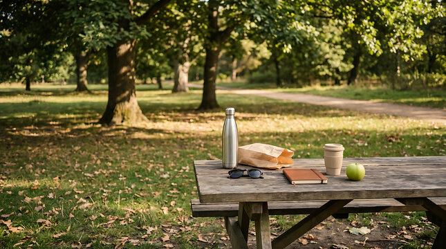 Rustic Wooden Picnic Table in Park with Coffee, Notebook, Apple & Water Bottle