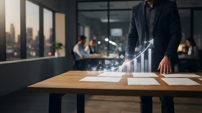 Business professional analyzing digital financial growth charts on a wooden table inside a modern corporate office space