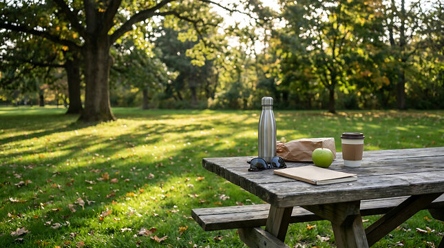 Sunny Park Picnic Scene: Wooden Table with Coffee, Apple, Book & Water Bottle