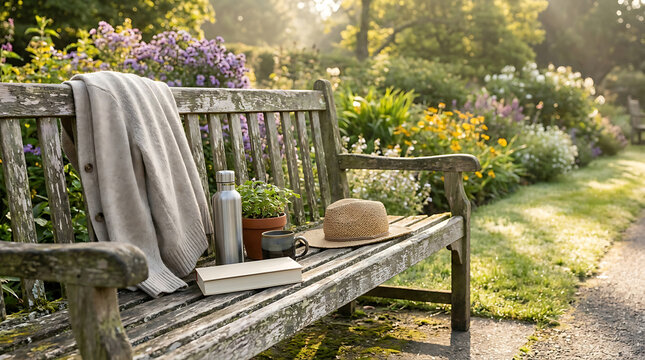 Cozy Garden Bench Scene with Sweater, Hat, Book & Plant in Lush Greenery