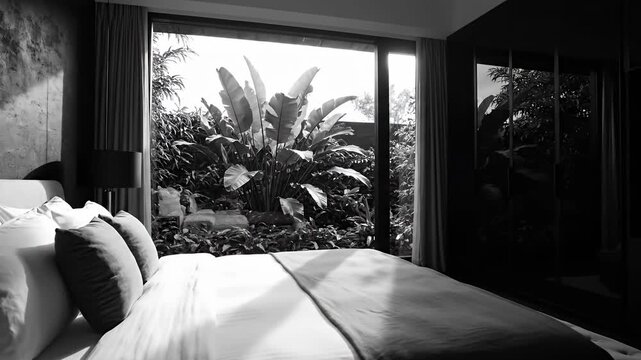 Moody modern bedroom interior with garden view.