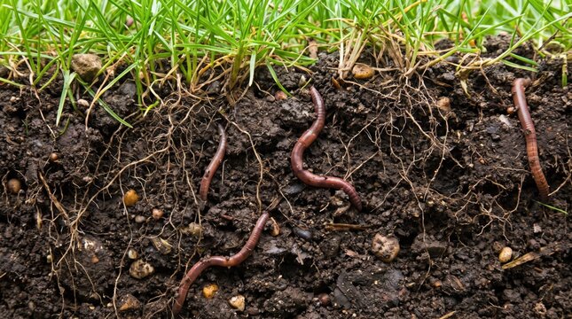 A close-up view of dark soil cross-section featuring earthworms, roots, and green grass blades above.