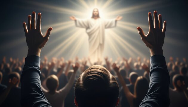 A crowd of people with hands raised in worship towards a glowing, ethereal figure of Jesus Christ.