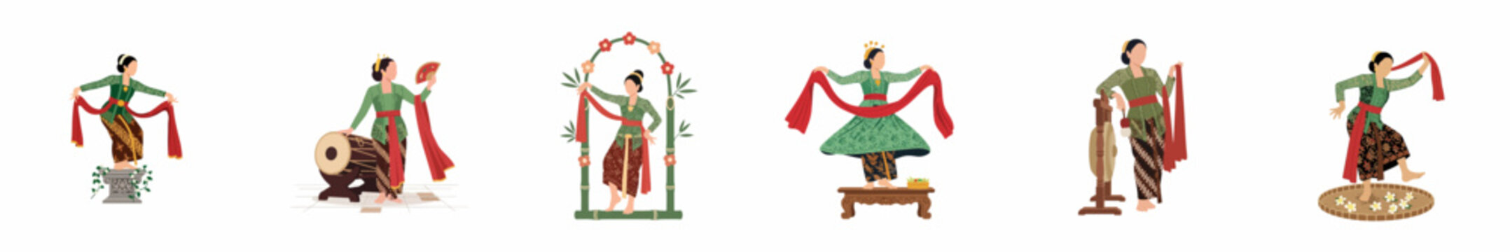 Collection of six traditional Indonesian female dancer figurines in various poses and with musical instruments, isolated on a white background