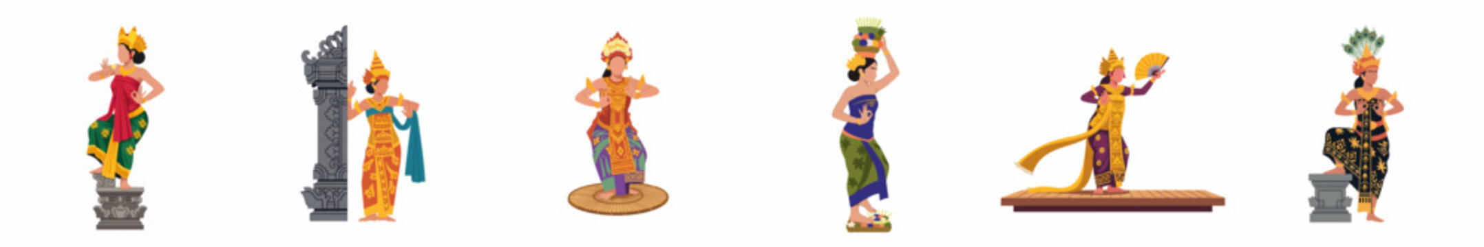 Collection of traditional Balinese dancer figurines in various elegant poses isolated on a white background, representing Indonesian cultural heritage.